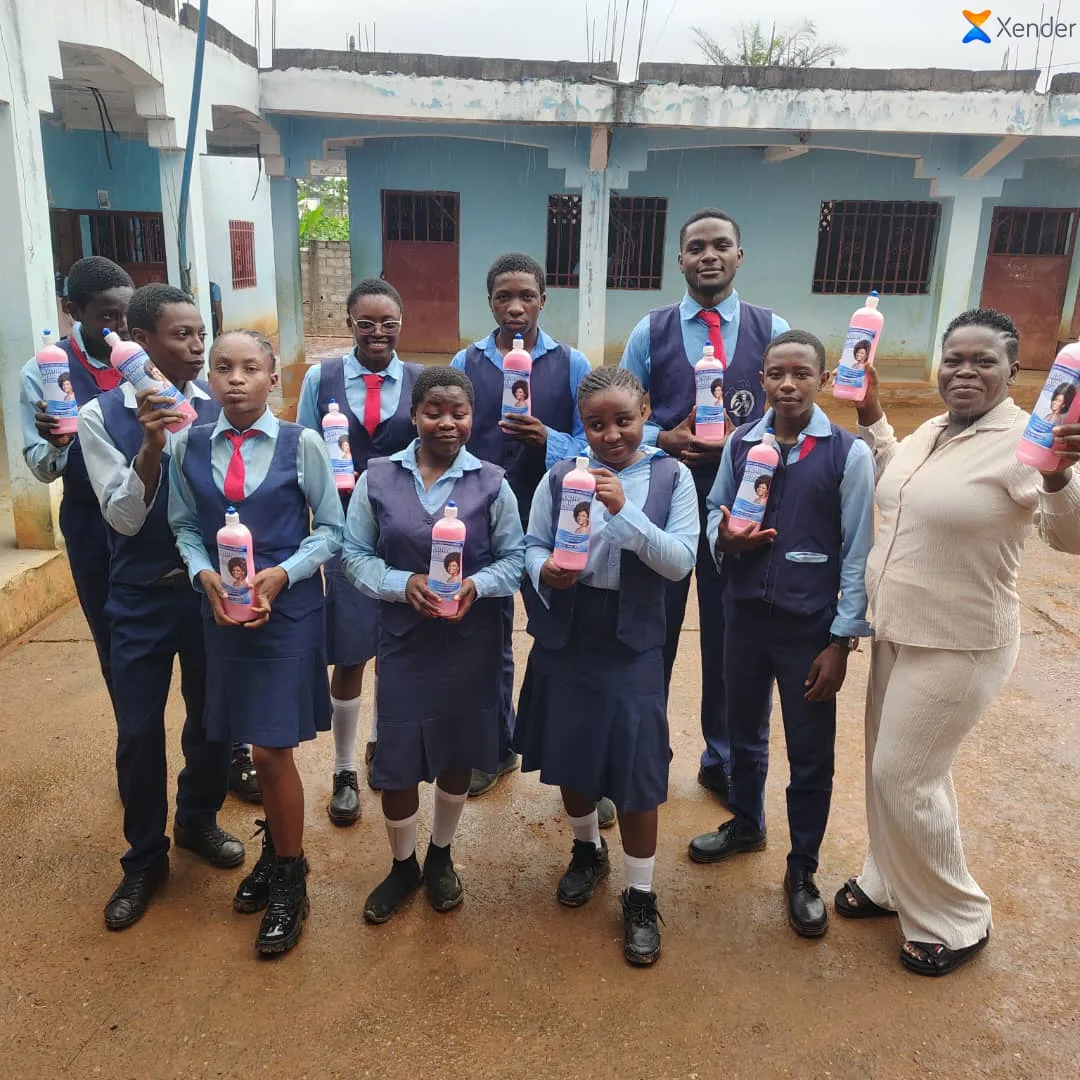 BGS Technical High School students displaying liquid soap they produced in the Home Economics (ACC/ESF) programme — Nomayos Campus
